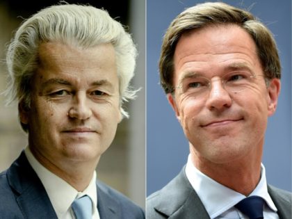 Geert Wilders (L), leader of the Freedom Party (PVV) clashed in a head-to-head debate with Prime Minister Mark Rutte on the eve of crunch polls