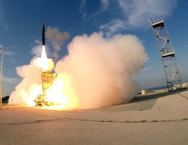 The launch of an Israeli Arrow 3 missile, at an undisclosed location in southern Tel Aviv