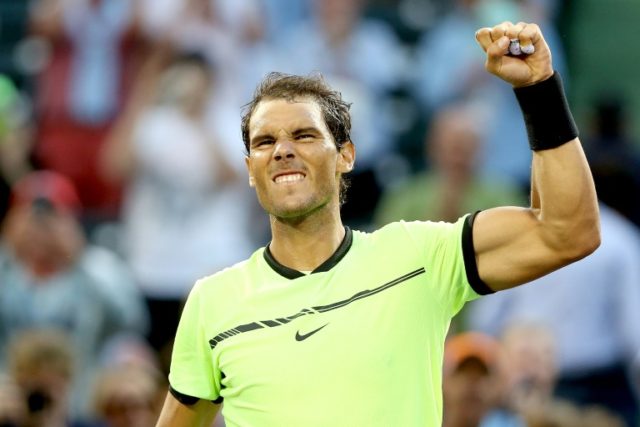 Rafael Nadal of Spain celebrates his win over Dudi Sela of Israel during the Miami Open at