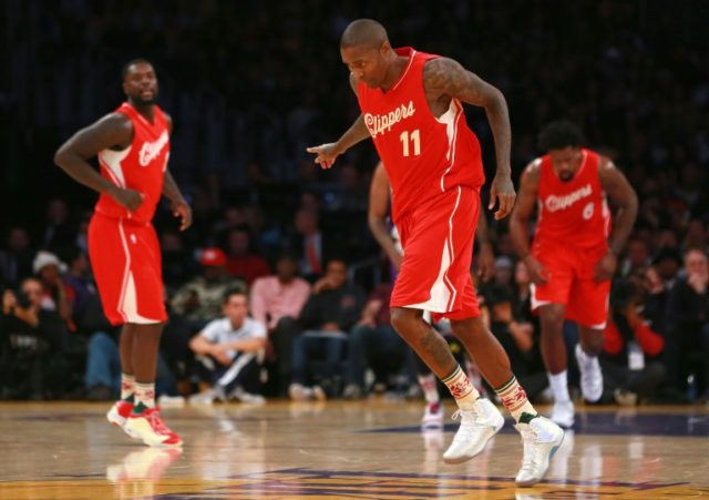 Jamal Crawford of the Los Angeles Clippers reacts after making a jump shot in the second h
