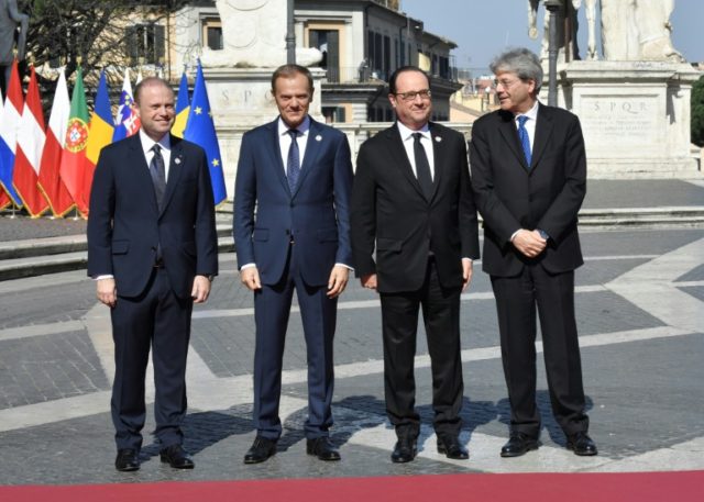 (L-R) Malta PM Joseph Muscat, European President Donald Tusk, France's President Francois