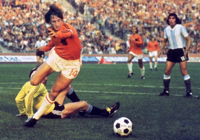 Dutch midfielder and football legend Johann Cruyff, pictured in 1974 during the World Cup