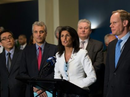 US Permanent Representative to the United Nations, Nikki Haley, speaks outside the United