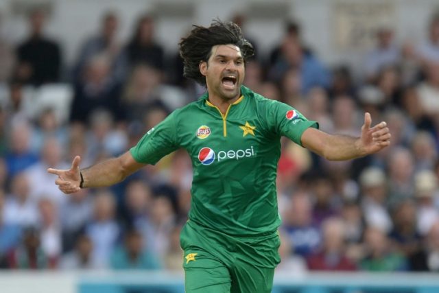 Pakistan's Mohammad Irfan celebrates during play in the fourth one-day international (ODI)