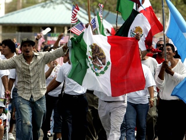 Protestors wave American, Mexican and Guatemalan flags as thousands march at an immigration rally in Homestead, Fla. as part of a planned national day of economic protests, boycotting work, school and shopping to show the importance on immigrants to the country Monday, May 1, 2006. (AP Photo/Lynne Sladky)