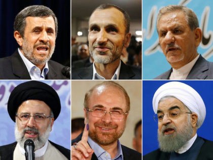 (COMBO) This combination of pictures created on April 15, 2017 shows the main contenders for Iran's upcoming presidential elections: (top L-R) former Iranian president Mahmoud Ahmadinejad speaking after registering at the Interior Ministry's election headquarters for the presidential elections in Tehran on April 12, 2017, Iranian Hamid Baghaie, former vice …