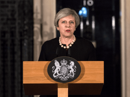 Prime Minister Theresa May makes a statement in Downing street following the terrorist incident in westminster on March 22, 2017 in London, England.