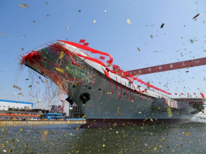 DALIAN, CHINA - APRIL 26: A launching ceremony is held for China's first domestically deve