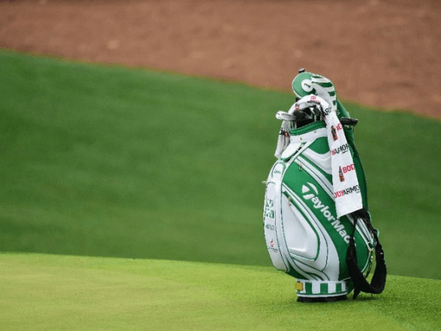 The bag of Dustin Johnson of the United States is seen on the tenth hole during a practice round prior to the start of the 2017 Masters Tournament at Augusta National Golf Club on April 5, 2017 in Augusta, Georgia