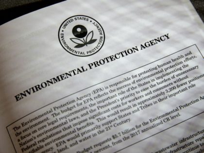 Proposals for the Environmental Protection Agency (EPA) in President Donald Trump's first budget are displayed at the Government Printing Office in Washington, Thursday, March, 16, 2017. The $1.15 trillion presentation proposes a reordering of national spending priorities, pumping significantly more money into the military and homeland security while sharply cutting …
