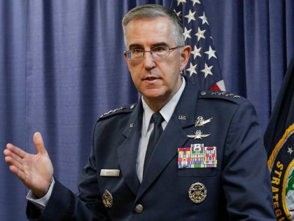 General John Hyten, the incoming commander of the United States Strategic Command, speaks to reporters following a change of command ceremony at Offutt Air Force Base in Bellevue, Neb., Thursday, Nov. 3, 2016. (AP Photo/Nati Harnik)