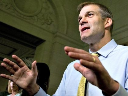 Freedom Caucus Chairman and member of the House Select Committee on Benghazi Rep. Jim Jordan, R-Ohio, is interviewed at the conclusion of the hearing on Capitol Hill in Washington, Thursday, Oct. 22, 2015. (AP Photo/Manuel Balce Ceneta)