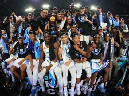 The North Carolina Tar Heels celebrate after defeating the Gonzaga Bulldogs during the 2017 NCAA Men's Final Four National Championship game, at University of Phoenix Stadium in Glendale, Arizona, on April 3