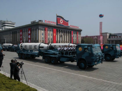 An unidentified mobile rocket lancher is displayed during a military parade marking the 105th anniversary of the birth of late North Korean leader Kim Il-Sung, in Pyongyang on April 15, 2017. / AFP PHOTO / ED JONES (Photo credit should read ED JONES/AFP/Getty Images)