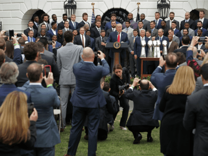 WASHINGTON, DC - APRIL 19: U.S. President Donald Trump delivers remarks while hosting the