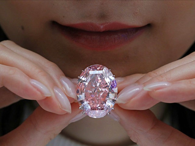 The Pink Star diamond, the most valuable cut diamond ever offered at auction, is displayed