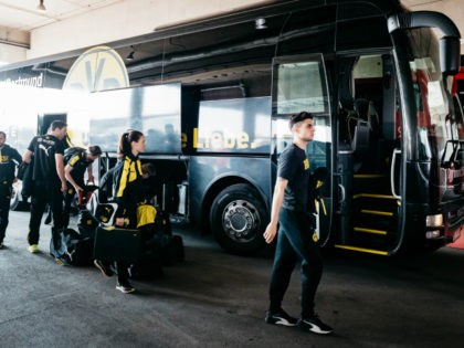MUNICH, GERMANY - APRIL 08: Marc Aregall Bartra of Dortmund arrives next to the team bus p