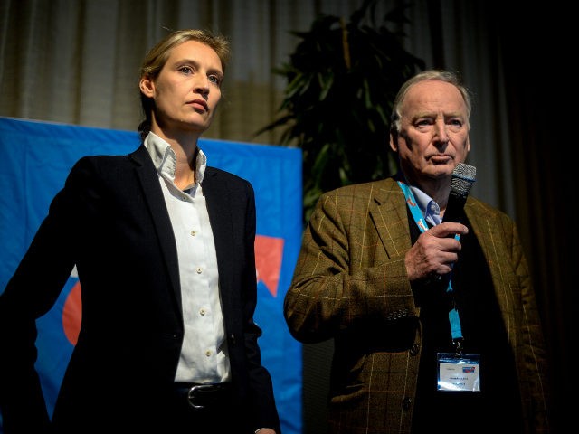 COLOGNE, GERMANY - APRIL 23: The members of the national directorate of the AfD party Alice Weidel and Alexander Gauland on stage at a press conference after being elected as the leading duo for the general elections during the federal congress of the right-wing populist Alternative for Germany (AfD) political …