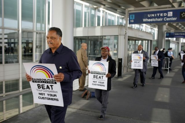 US civil rights activist the Reverend Jesse Jackson led a protest against United Airlines