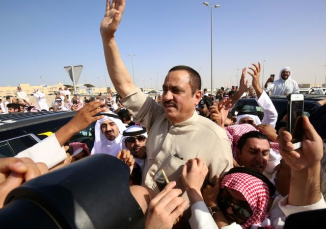Mussallam al-Barrak at his release from jail on April 21, 2017 in Kuwait City, after servi