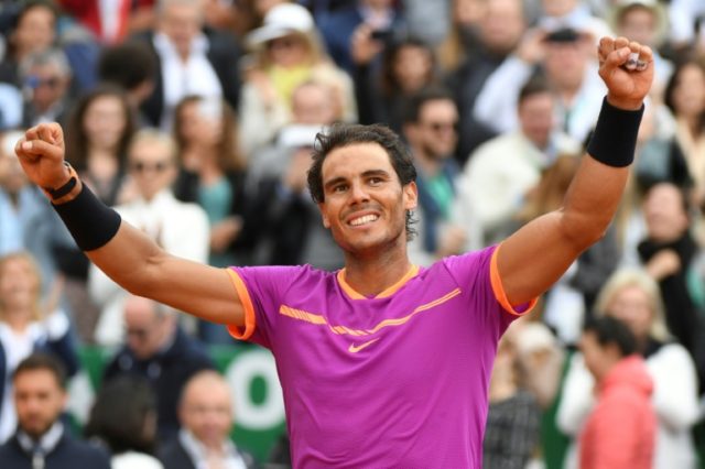 Spain's Rafael Nadal celebrates after beating compatriot Albert Ramos-Vinolas to clinch h