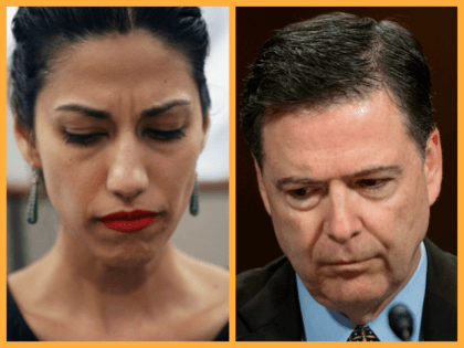 (R)Huma Abedin, wife of Anthony Weiner, a leading candidate for New York City mayor, listens as her husband speaks at a press conference on July 23, 2013 in New York City. (L) FBI Director James Comey testifies before the Senate Judiciary Committee on Capitol Hill in Washington, DC, May 3, …