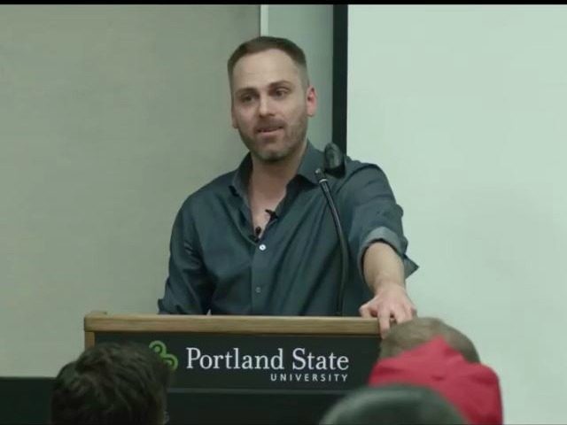 Chadwick Moore speaking at Portland State University.