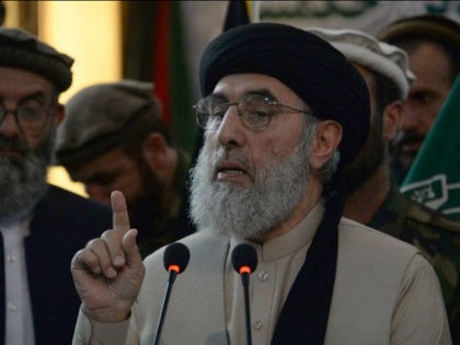 Afghan warlord and ex-prime minister Gulbuddin Hekmatyar gestures as he speaks at a rally