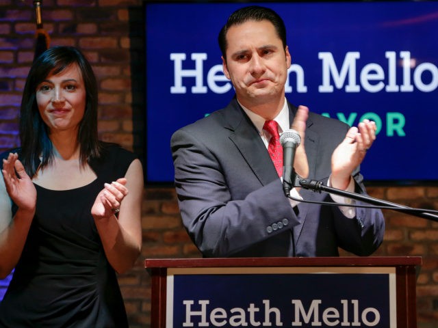 With wife Catherine by his side, Democratic mayoral candidate Heath Mello concedes the election to the incumbent, Republican Omaha mayor Jean Stothert, in Omaha, Neb., Tuesday, May 9, 2017. The race has drawn national attention as Democrats seek new energy given huge Republican gains in local, state and federal offices …