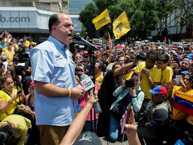 Julio Borges, president of the National Assembly of Venezuela speak during a public assemb
