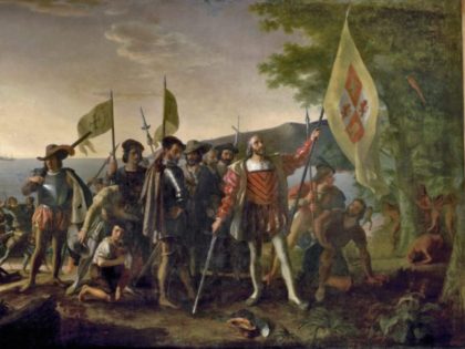 “Landing of Columbus,” painting by John Vanderlyn, 1846. Christopher Columbus is depicted landing in the West Indies, on an island that the natives called Guanahani and he named San Salvador, on October 12, 1492. He raises the royal banner, claiming the land for his Spanish patrons. (Source: Wikimedia Commons)
