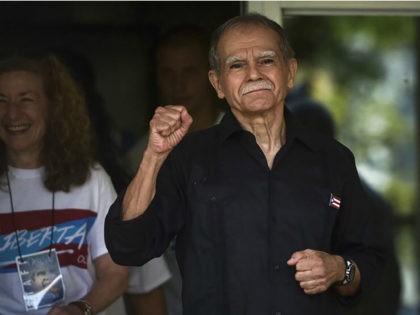 Puerto Rican nationalist Oscar López Rivera gestures as he is released Wednesday from house arrest in San Juan, Puerto Rico, after 36 years in custody.