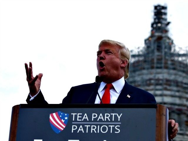 Republican presidential candidate Donald Trump speaks at a rally organized by Tea Party Patriots in on Capitol Hill in Washington, Wednesday, Sept. 9, 2015, to oppose the Iran nuclear agreement. (AP Photo/Carolyn Kaster)