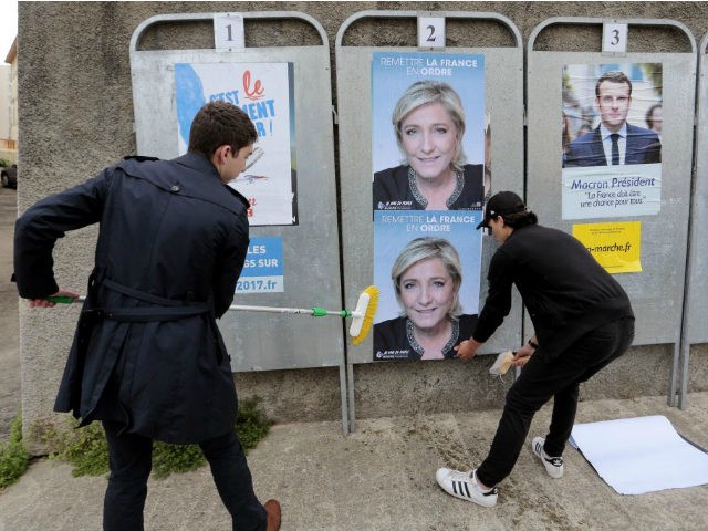Members of French far-right party Front National Youth Movement (FNJ) party stick posters