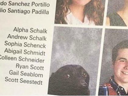 Andrew Schalk, a junior, appeared alongside a photo of his service dog, Alpha, in Stafford