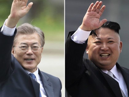 FILE - These combination of file photos shows South Korea's new President Moon Jae-in, left, waves in Seoul, South Korea on May 10, 2017 and North Korean leader Kim Jong Un on April 15, 2017. Moon said he is willing to meet with Kim — if, of course, the conditions …