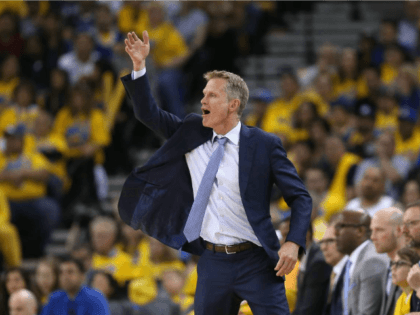 Head coach Steve Kerr of the Golden State Warriors shouts to his team during their game against the Portland Trail Blazers in Game Two of the Western Conference Quarterfinals during the 2017 NBA Playoffs at ORACLE Arena on April 19, 2017