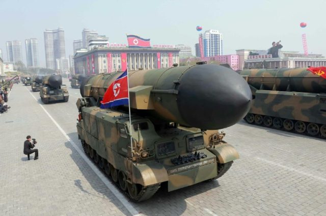 Ballistic missiles are displayed at the Kim Il-Sung square during a military parade in Pyo