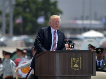 US President Donald Trump speaks during a welcome ceremony upon his arrival at Ben Gurion