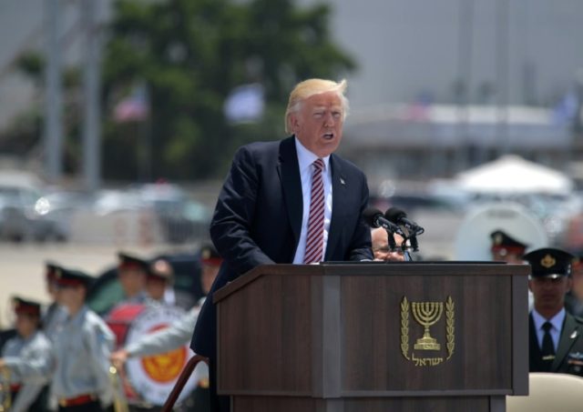 US President Donald Trump speaks during a welcome ceremony upon his arrival at Ben Gurion