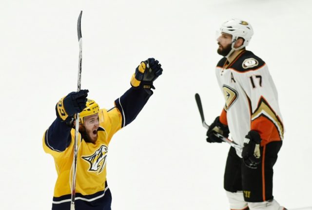 Colton Sissons of the Nashville Predators celebrates a third period goal in Game Six of th