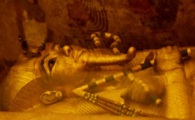 A picture taken on April 1, 2016, shows the golden sarcophagus of King Tutankhamun display