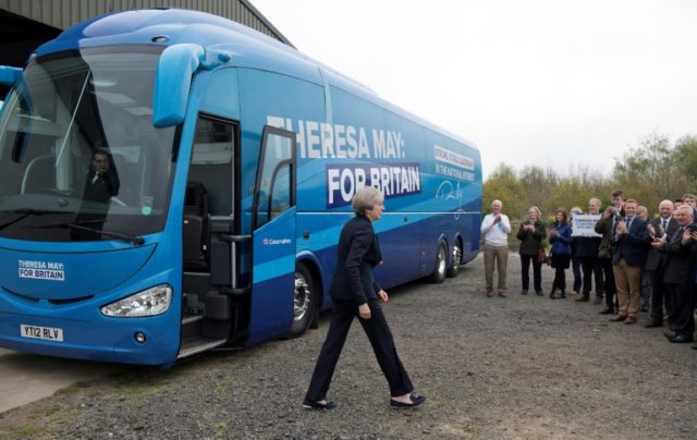 British politicians including Prime Minister Theresa May are employing 'battle buses' in t