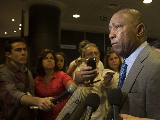 Houston Mayor Sylvester Turner speaks with the media during a business forum in Havana, Cu