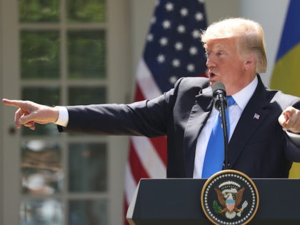 President Donald Trump, accompanied by Romanian President Klaus Werner Iohannis, speaks d