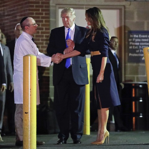 President Donald Trump and first lady Melania Trump with Ira Y. Rabin, MD, left, after visiting MedStar Washington Hospital Center in Washington, Wednesday, June 14, 2017, where House Majority Leader Steve Scalise of La. was taken after being shot in Alexandria, Va., during a Congressional baseball practice. (AP Photo/Pablo Martinez …