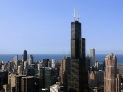 The Chicago skyline featuring the Sears Tower is seen from a helicopter 06 July 2006 in Ch
