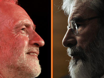 RIGHT: Jeremy Corbyn, Leader of the Labour Party speaks during a campaign rally at Union Chapel Islington on June 7, 2017 in London, United Kingdom. LEFT: Sinn Fein president Gerry Adams speaks to television media crews after Adams was re-elected to government at the Irish General Election constituency count on …