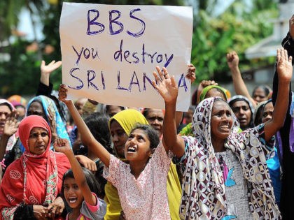 Sri Lankan muslims, made homeless after two days of anti-muslim riots in Sri Lankas tourist region of Alutgama, demonstrate against radical Buddhist group Bodu Bala Sena (BBS)at a makeshift camp in Beruwala, about 58 kms south of capital Colombo on June 18, 2014. The Buddhist Force, or BBS, is widely …