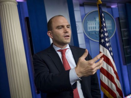 White House Deputy National Security Advisor Ben Rhodes speaks to reporters in the briefin